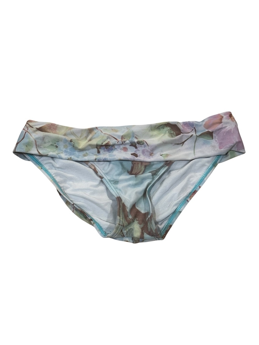 Sunsets green blue brown floral fold-over bikini bottoms, pastel watercolor, M.